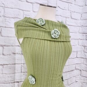 Fairy Coquette Knit Maxi Dress Crochet Flowers Cowl Neck Bodycon Green Small